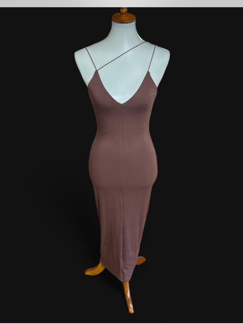 JLuxeLabel Sleek Brown Slip Maxi Dress with Asymmetric Straps NWT